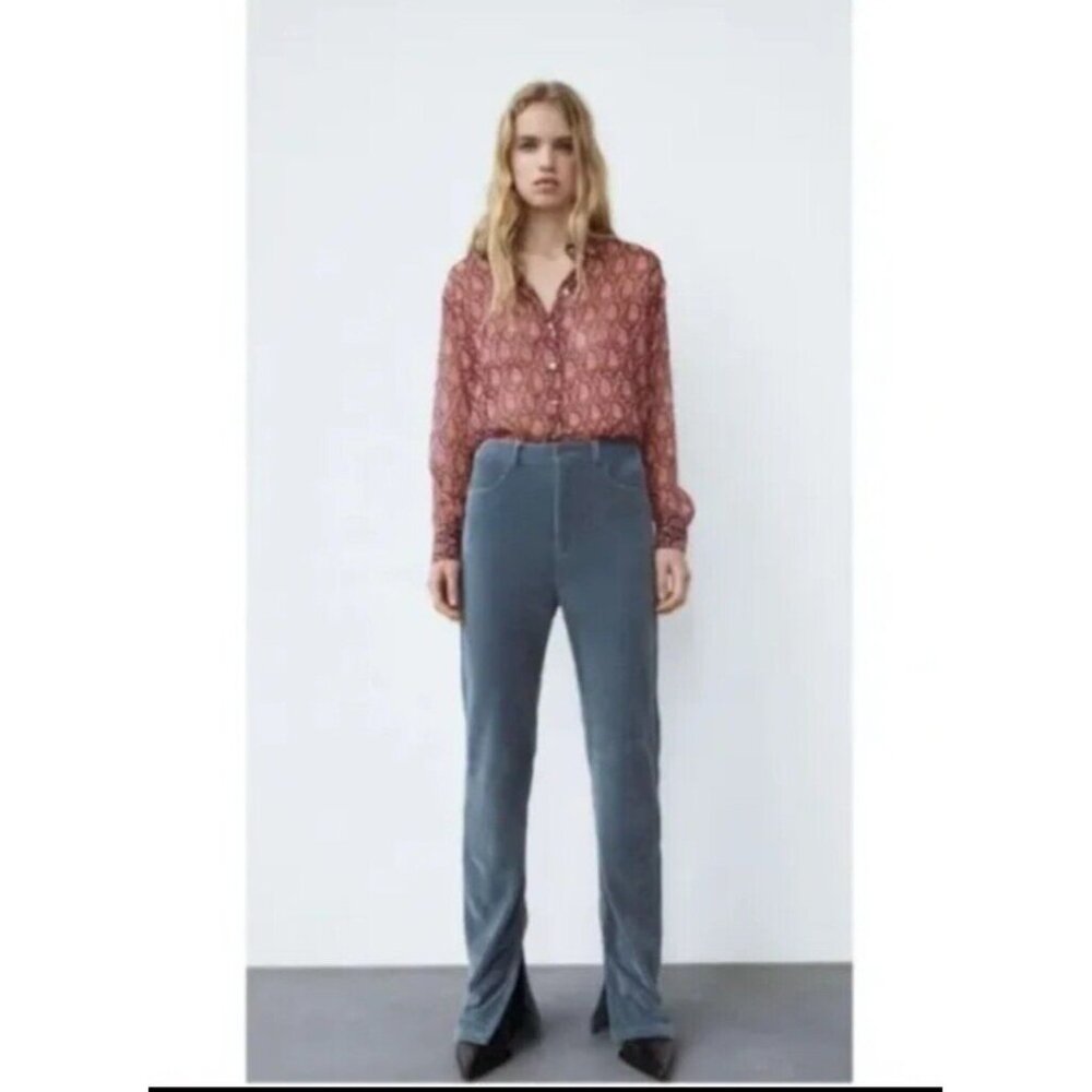 NEW Zara‎ Blue Corduroy Slim Flare Pants Size 4/36 Side Slits at Hem